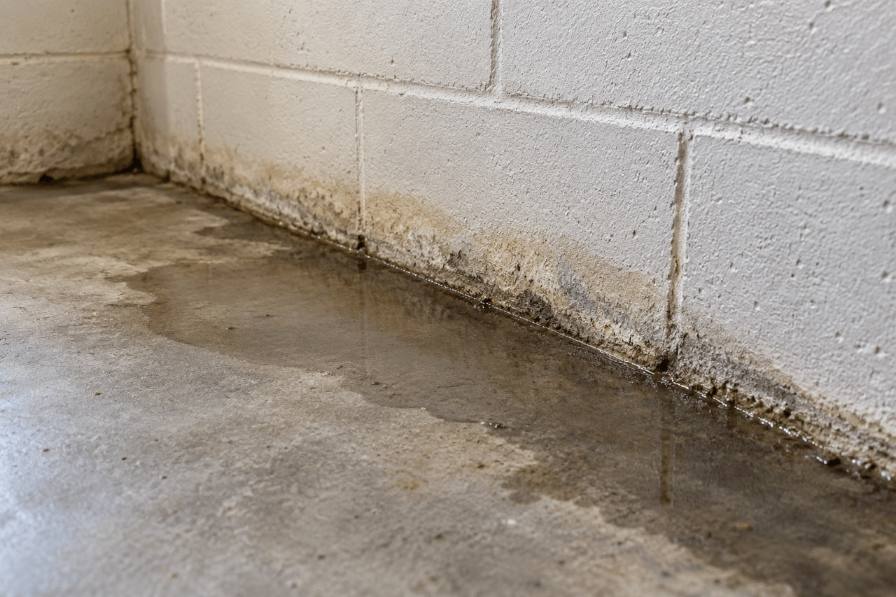 Water collecting where a basement wall meets the floor