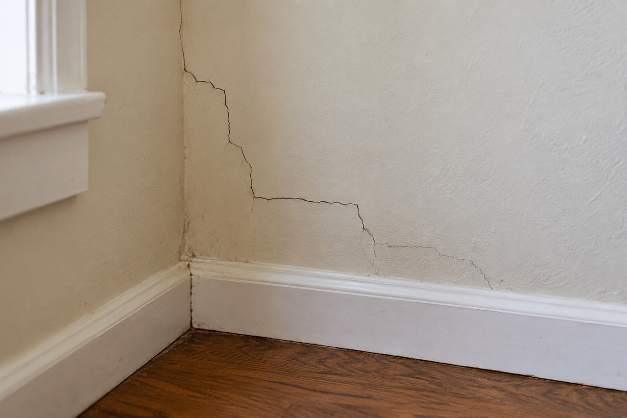 Stair-step cracks spreading across an interior wall